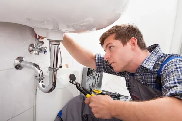 Kingfisher plumber replacing a basin trap in a Brisbane Northside bathroom